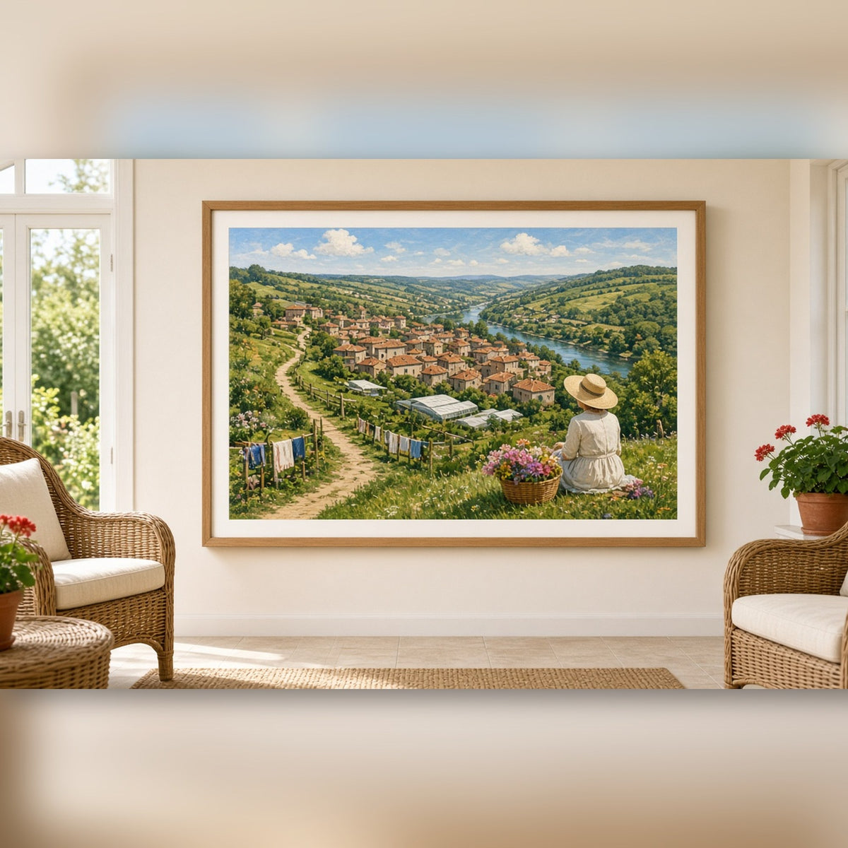 Painterly panoramic hillside market town in early summer with river, allotments, washing lines and an older woman in a sun hat with a flower basket printed flat on a framed print in a conservatory, made with prompt #9