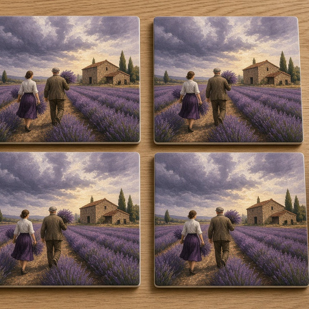 Painterly storm approaching a lavender farm with a woman and her elderly father carrying lavender to a stone barn printed flat on a set of four coasters, made with prompt #46