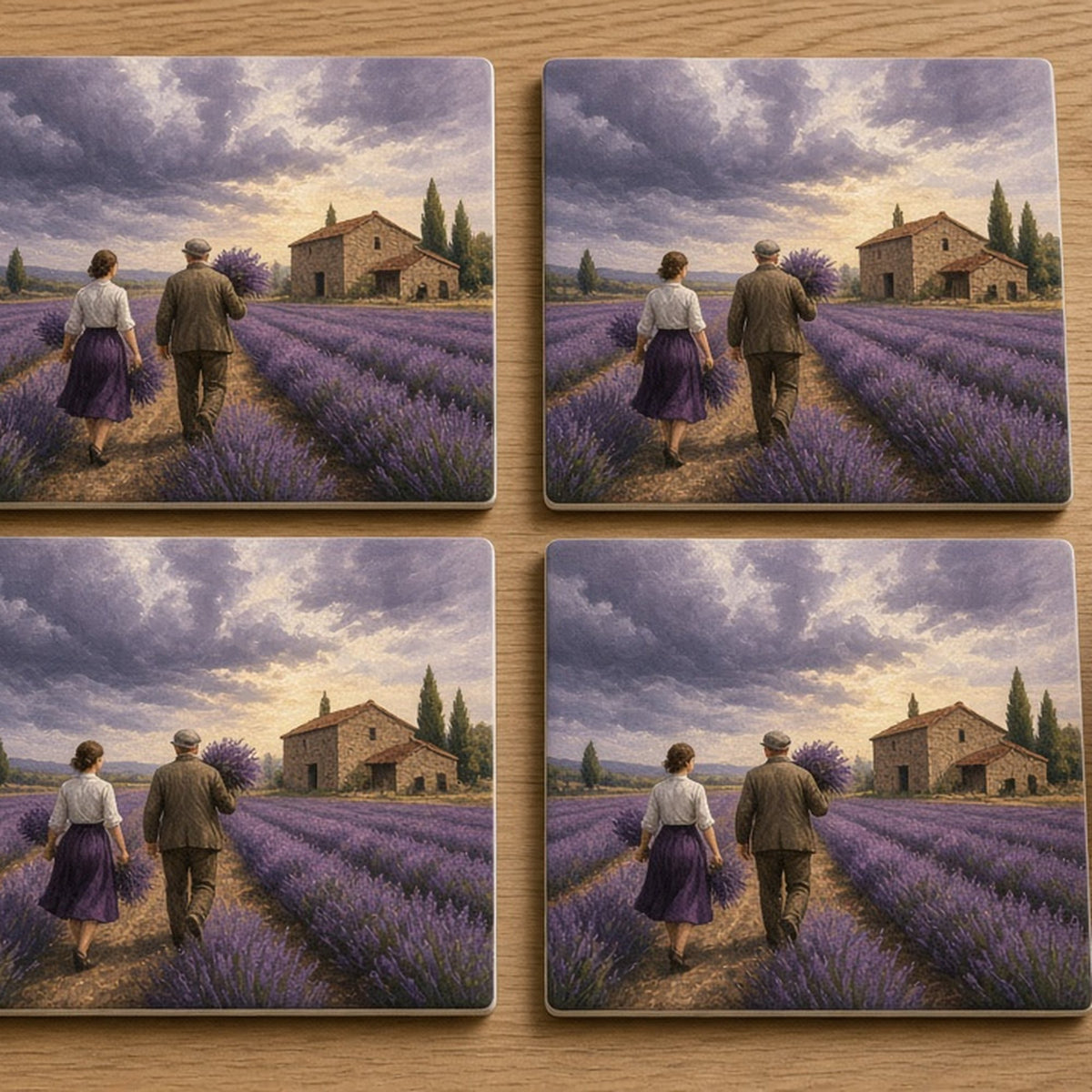 Painterly storm approaching a lavender farm with a woman and her elderly father carrying lavender to a stone barn printed flat on a set of four coasters, made with prompt #46