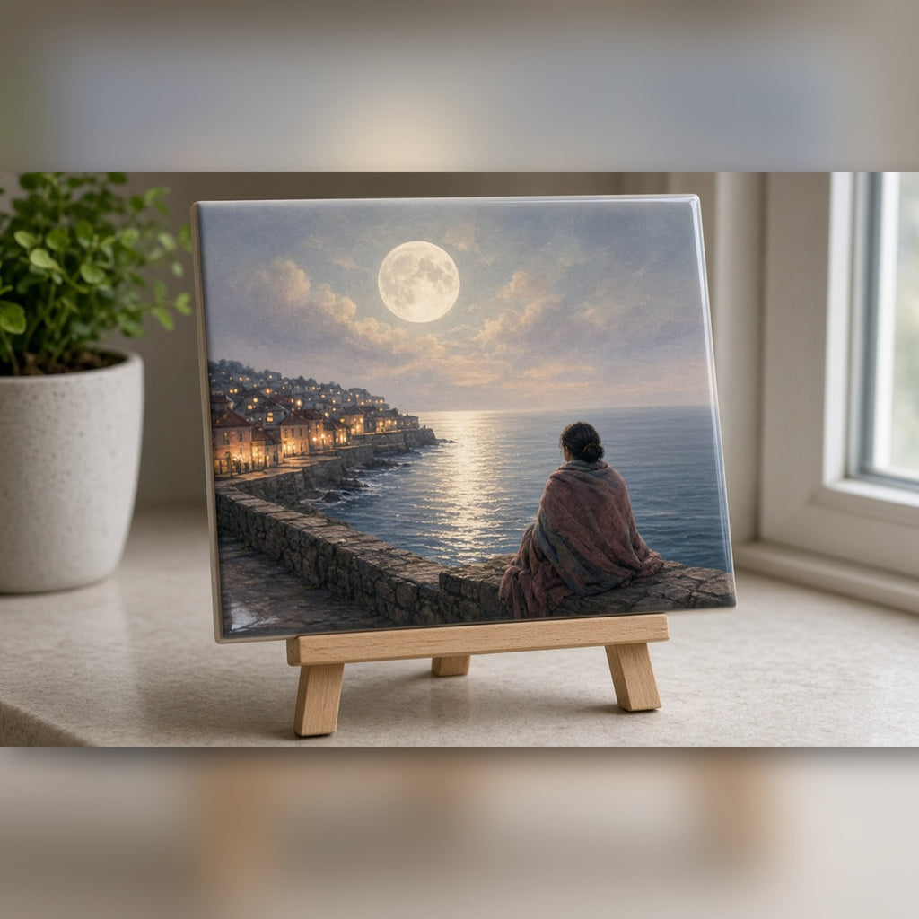 Soft painterly full moon over a seaside town with lamplit sea wall and a woman wrapped in a blanket looking out to sea printed flat on a ceramic tile, made with prompt #84