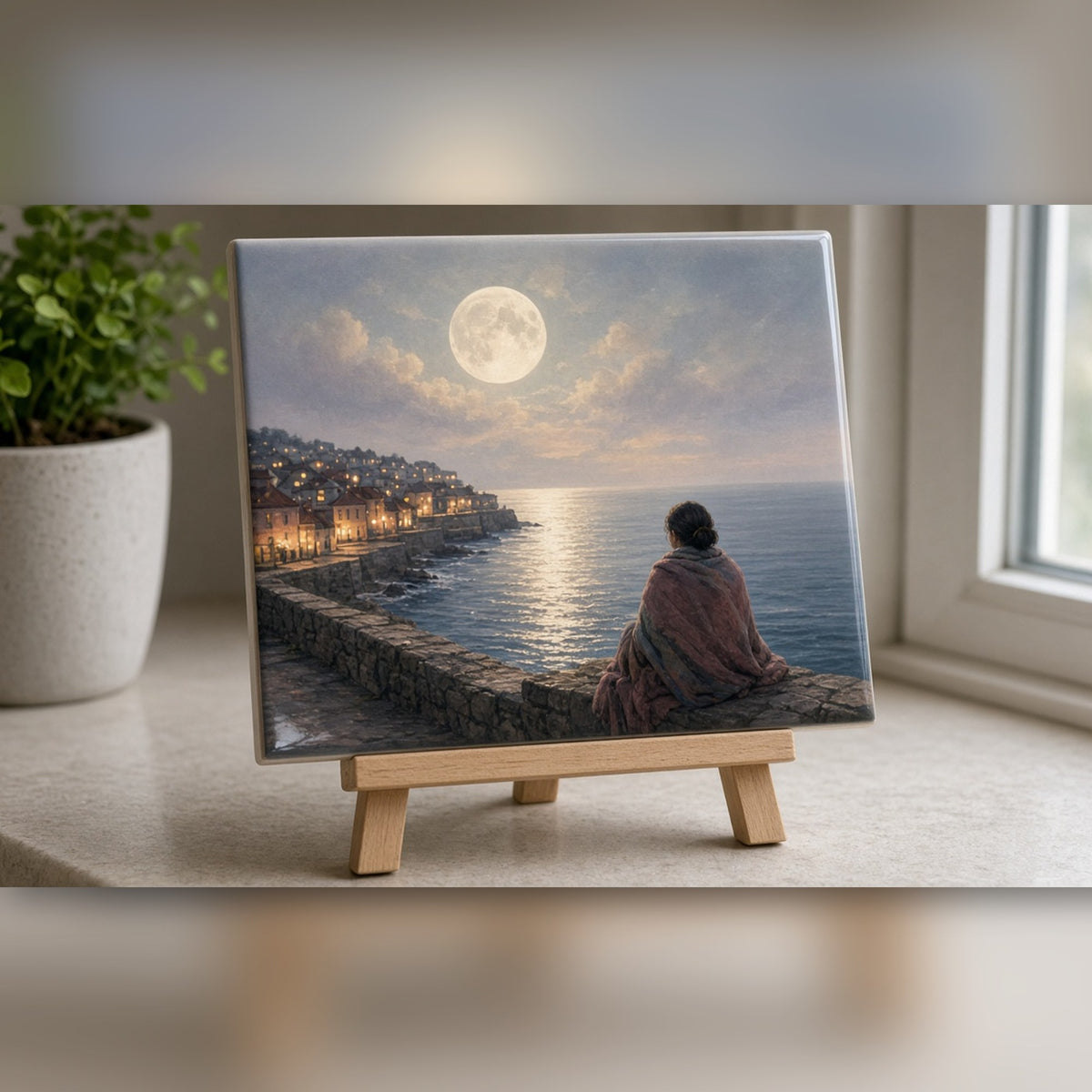 Soft painterly full moon over a seaside town with lamplit sea wall and a woman wrapped in a blanket looking out to sea printed flat on a ceramic tile, made with prompt #84