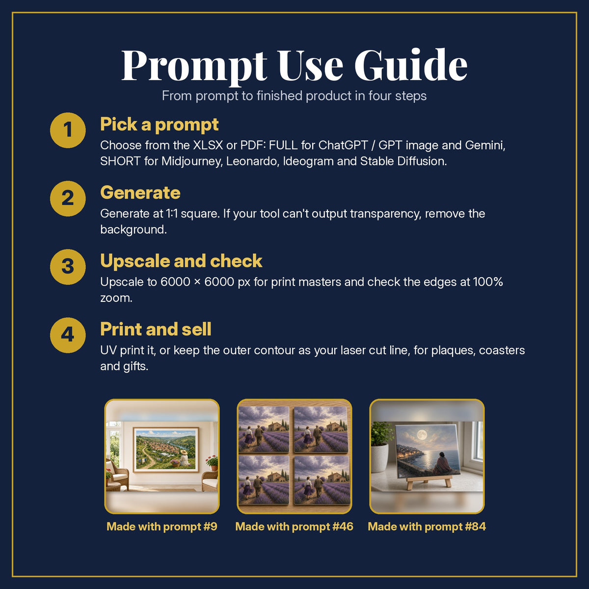 Prompt Use Guide for the Memoir and Biography, Painterly & Handmade Collection: pick a prompt, generate, upscale and check, print and sell, with sample products made with the pack's prompts