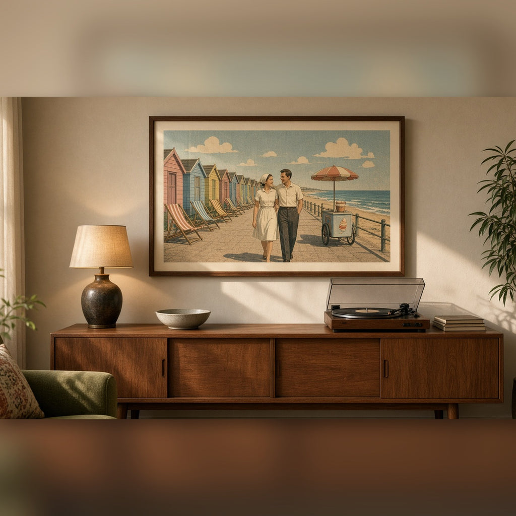 Vintage travel-poster style seaside promenade with pastel beach huts, striped deckchairs, an ice cream cart and a couple walking arm in arm printed flat on a framed print above a sideboard, made with prompt #9