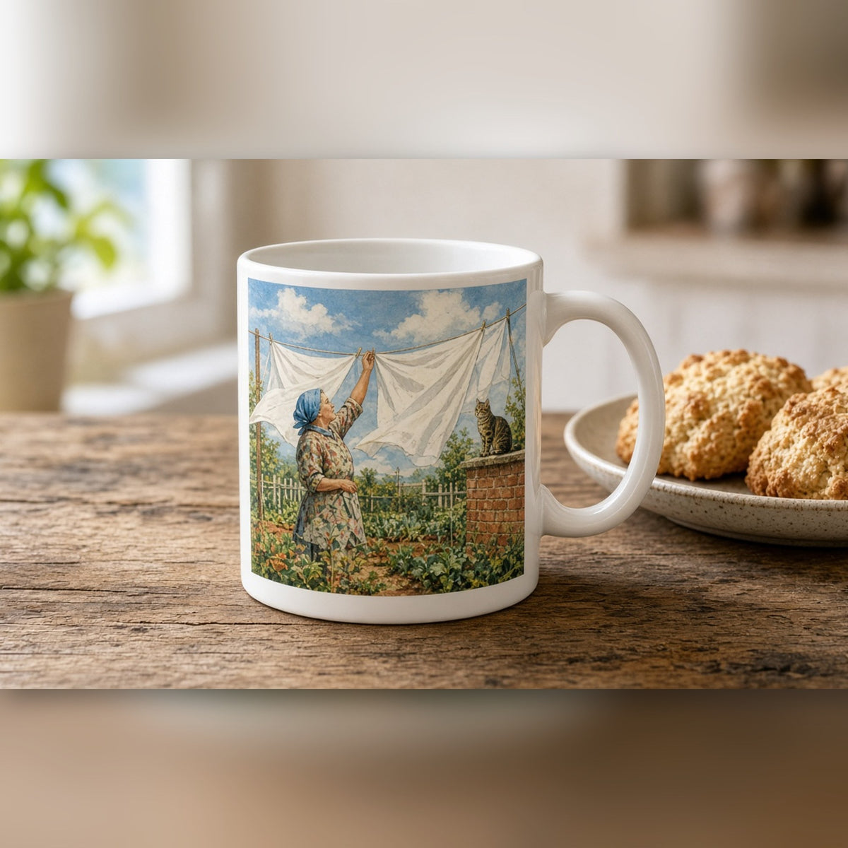Vintage mid-century illustration of an older woman hanging billowing washing in a back garden with a tabby cat on the wall printed flat on a mug, made with prompt #46