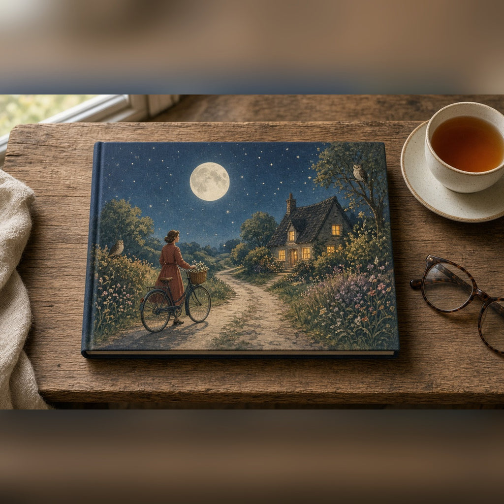 Vintage storybook moonlit country lane with a glowing cottage, owls and a woman walking her bicycle home printed flat on a notebook, made with prompt #84