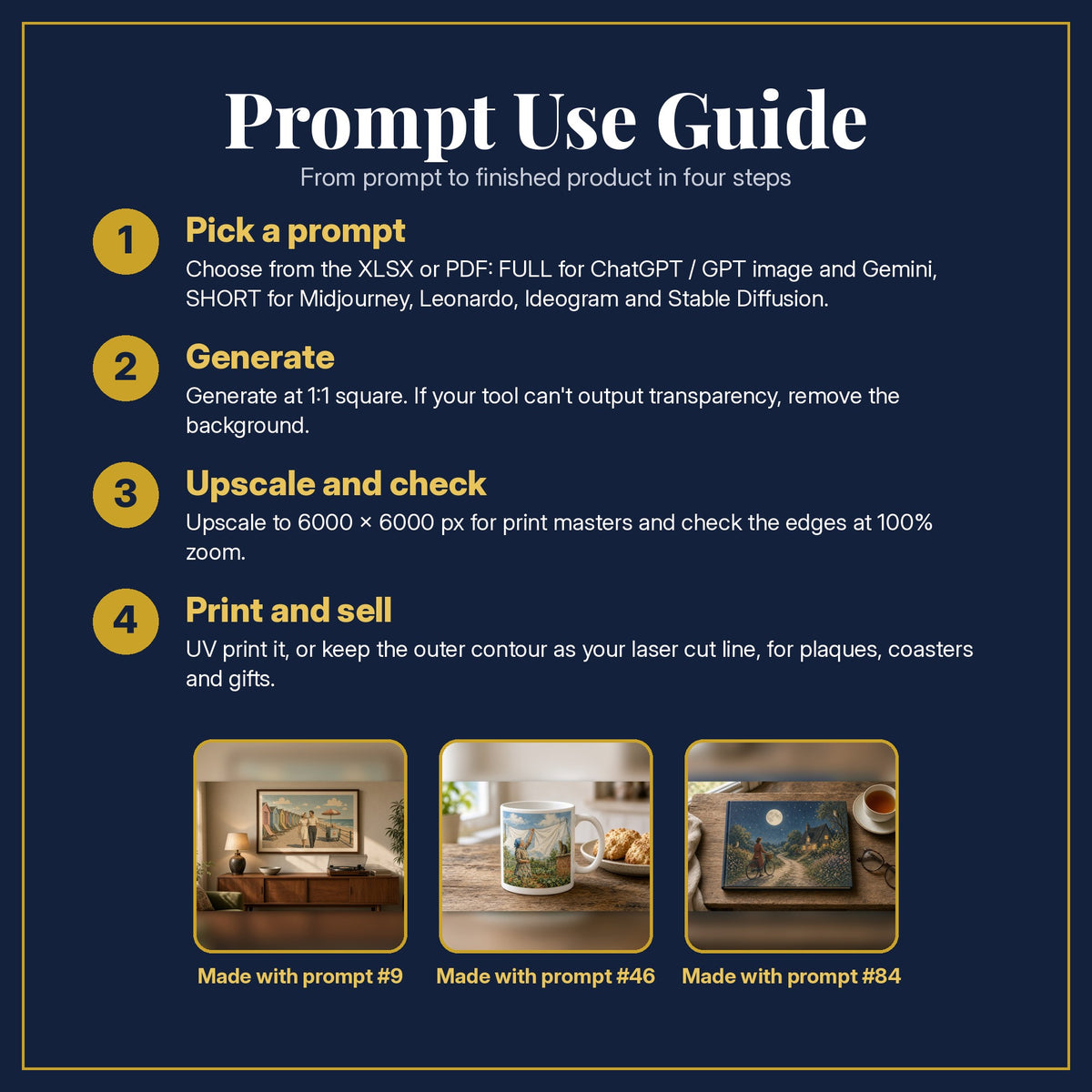 Prompt Use Guide for the Memoir and Biography, Vintage & Whimsical Collection: pick a prompt, generate, upscale and check, print and sell, with sample products made with the pack's prompts