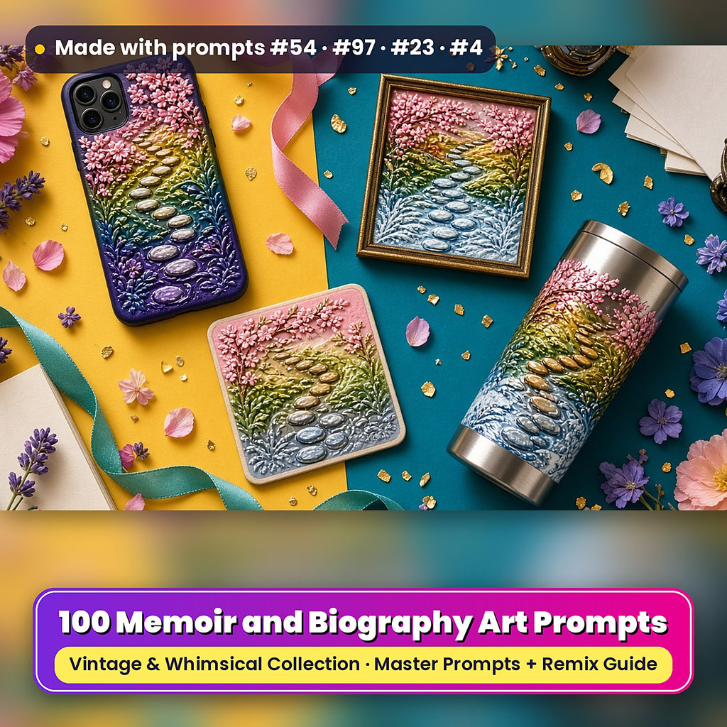 Memoir and Biography, Vintage & Whimsical Collection: realistic UV-printed mockup, made with prompts #54 · #97 · #23 · #4