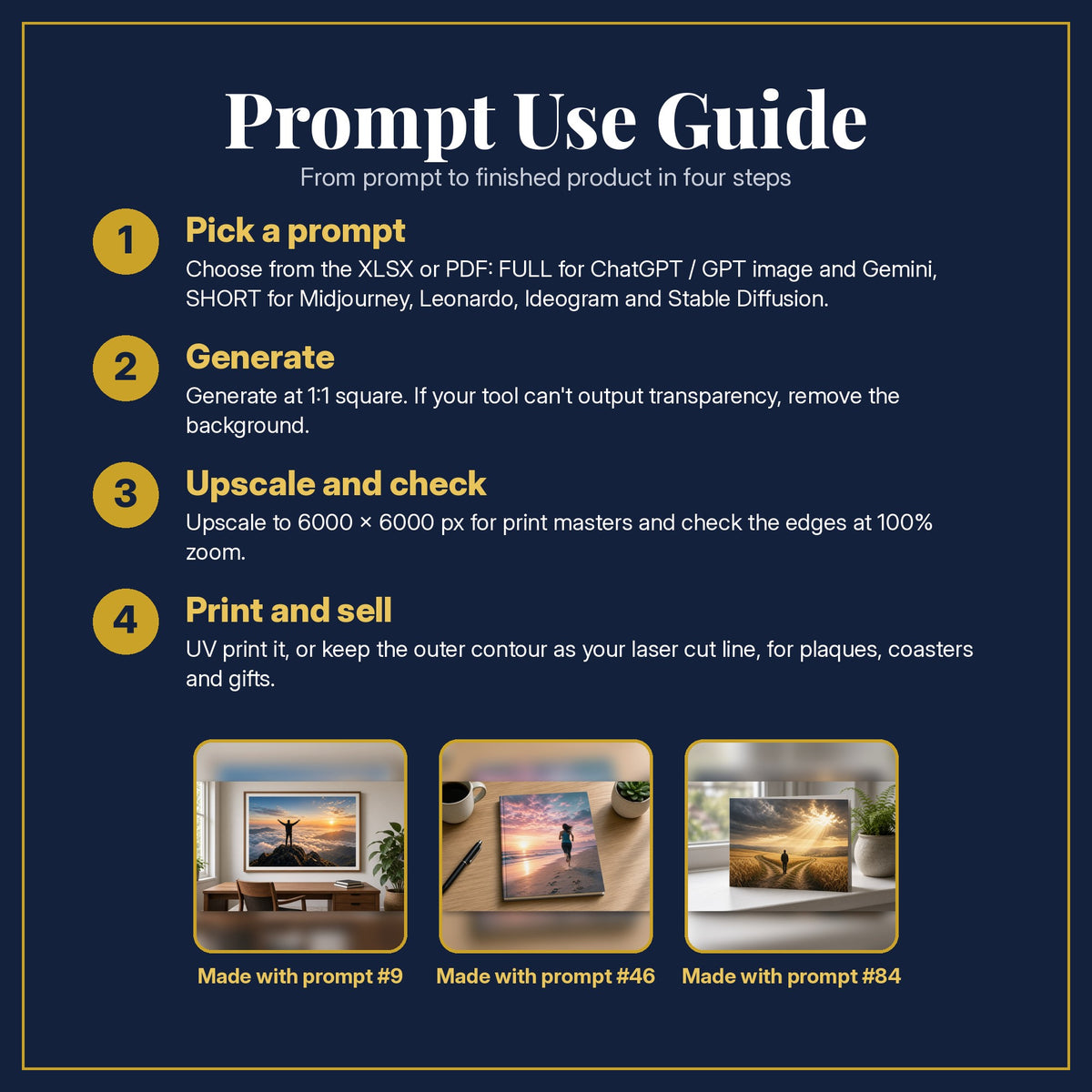 Prompt Use Guide for the Self-Help and Personal Development, Cinematic & Bold Collection: pick a prompt, generate, upscale and check, print and sell, with sample products made with the pack's prompts