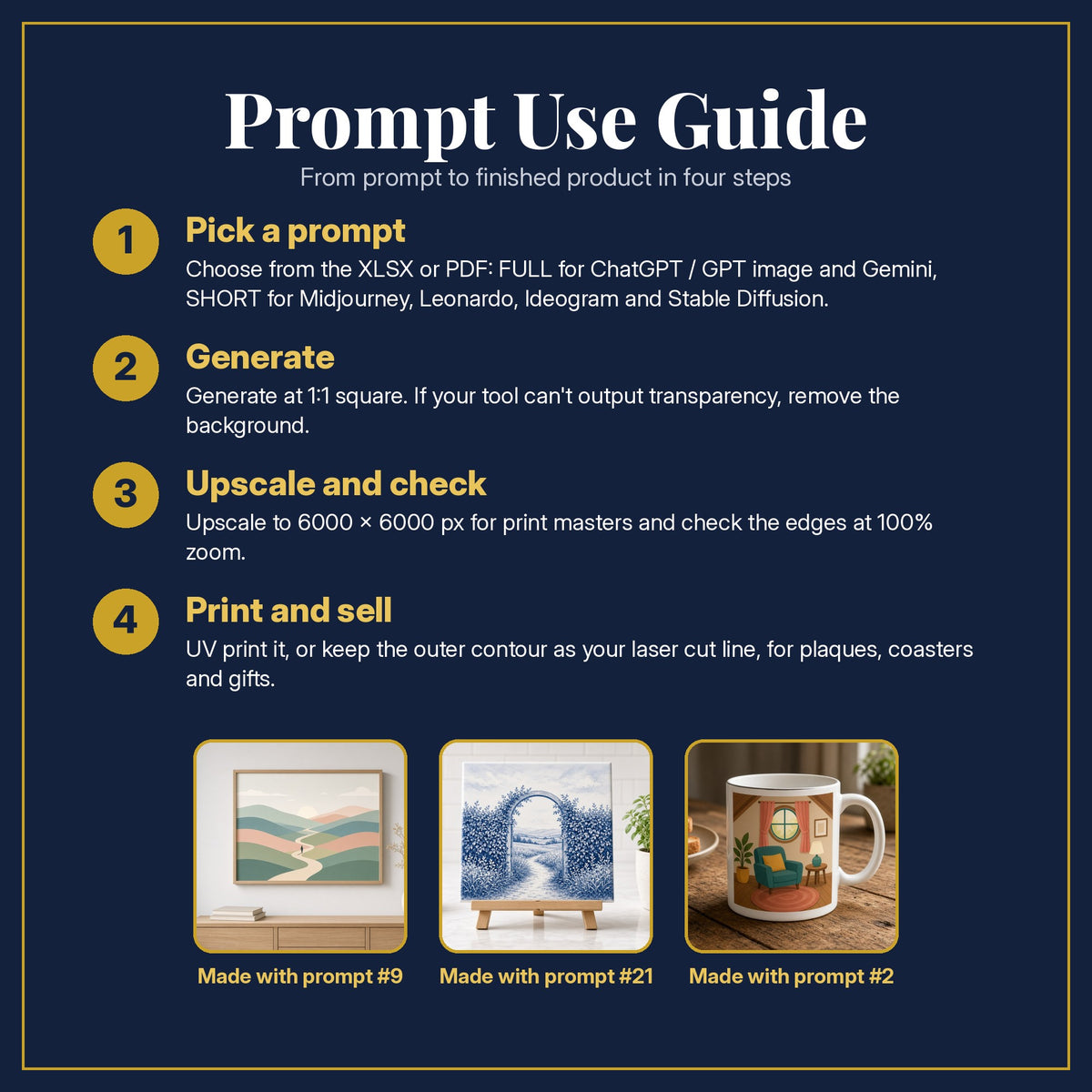 Prompt Use Guide for the Self-Help and Personal Development, Clean & Graphic Collection: pick a prompt, generate, upscale and check, print and sell, with sample products made with the pack's prompts