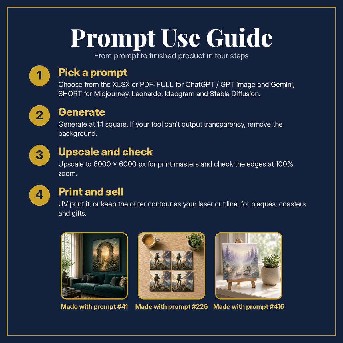 Prompt Use Guide for the Self-Help and Personal Development Complete Library: pick a prompt, generate, upscale and check, print and sell, with sample products made with the pack's prompts