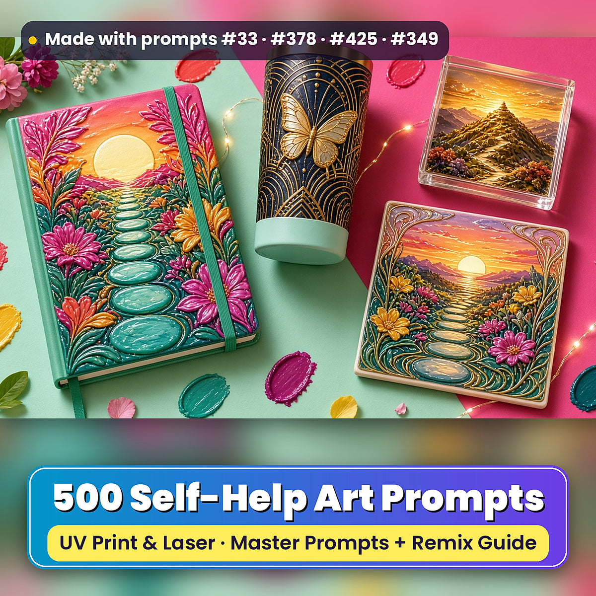 500 Self-Help Art Prompts Library: Made with prompts #33 · #378 · #425 · #349 – realistic UV-printed mockup