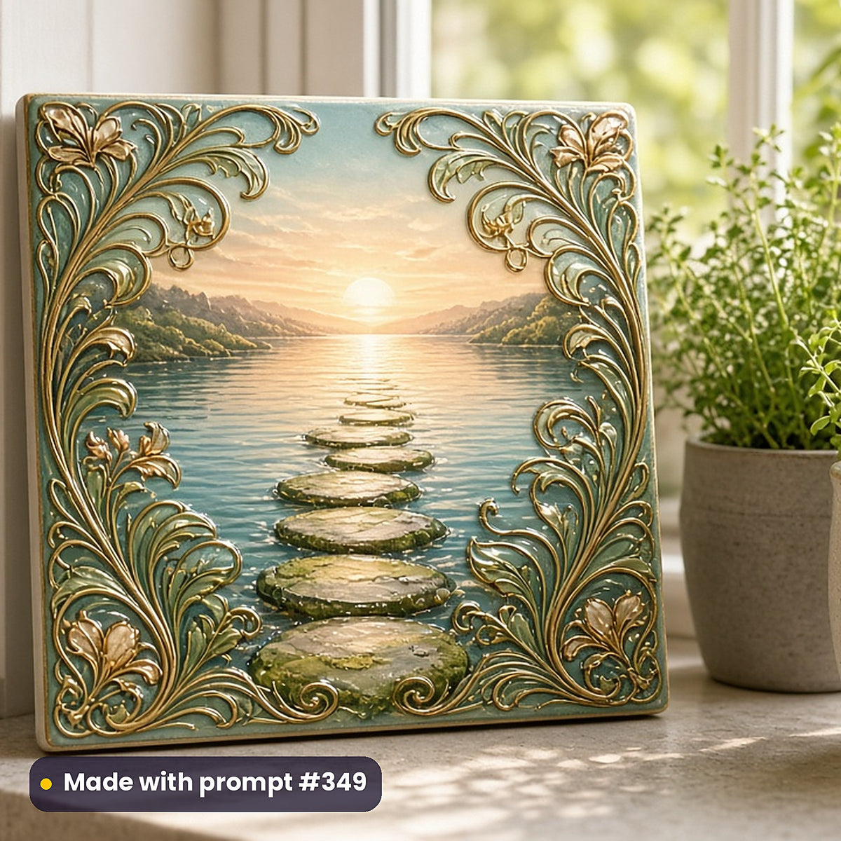 500 Self-Help Art Prompts Library: Made with prompt #349 – realistic UV-printed mockup (Art Nouveau — Panoramic World)