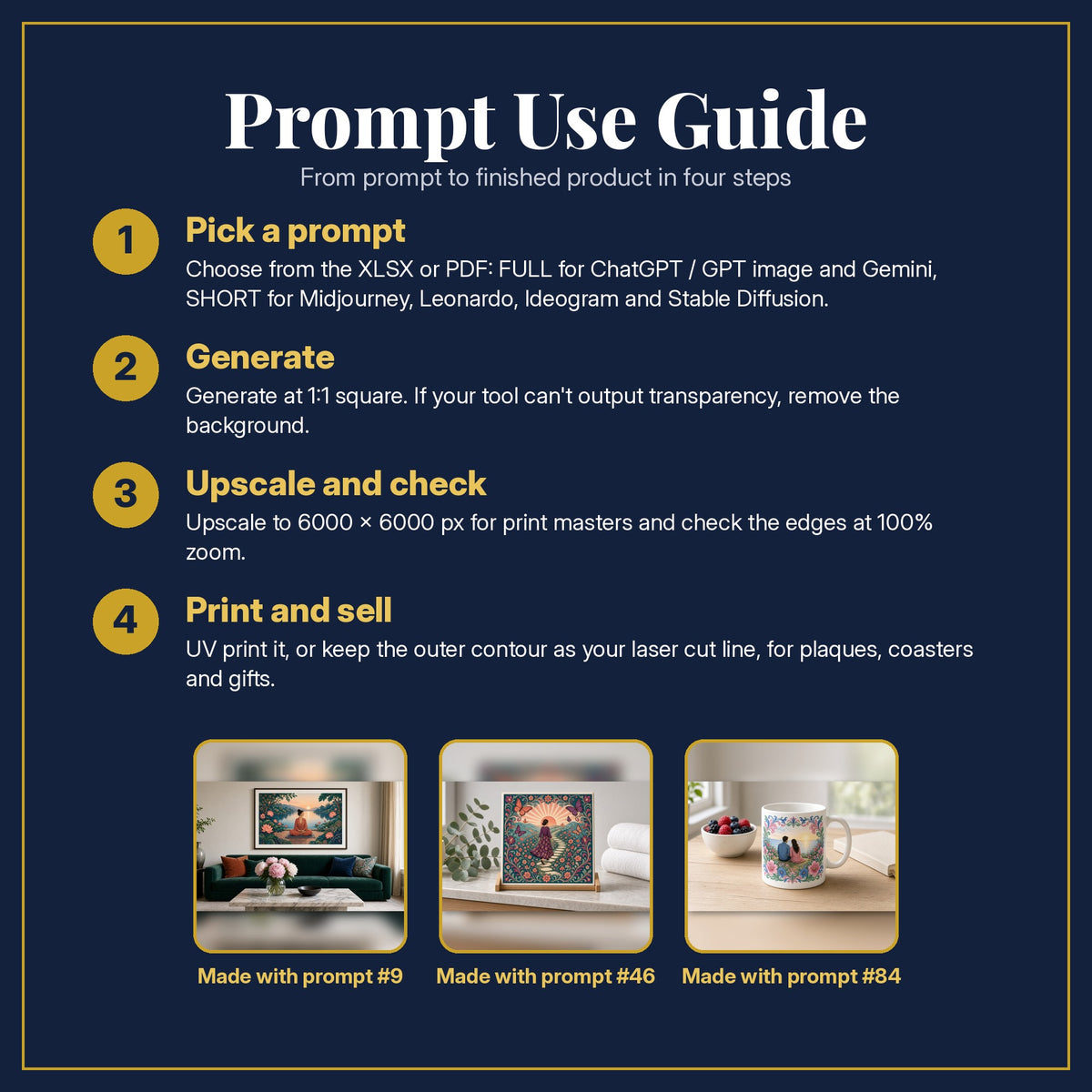 Prompt Use Guide for the Self-Help and Personal Development, Luxury & Decorative Collection: pick a prompt, generate, upscale and check, print and sell, with sample products made with the pack's prompts