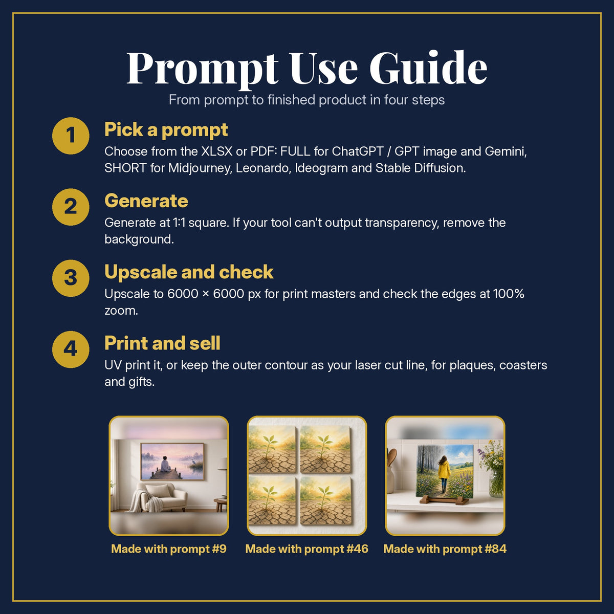 Prompt Use Guide for the Self-Help and Personal Development, Painterly & Handmade Collection: pick a prompt, generate, upscale and check, print and sell, with sample products made with the pack's prompts