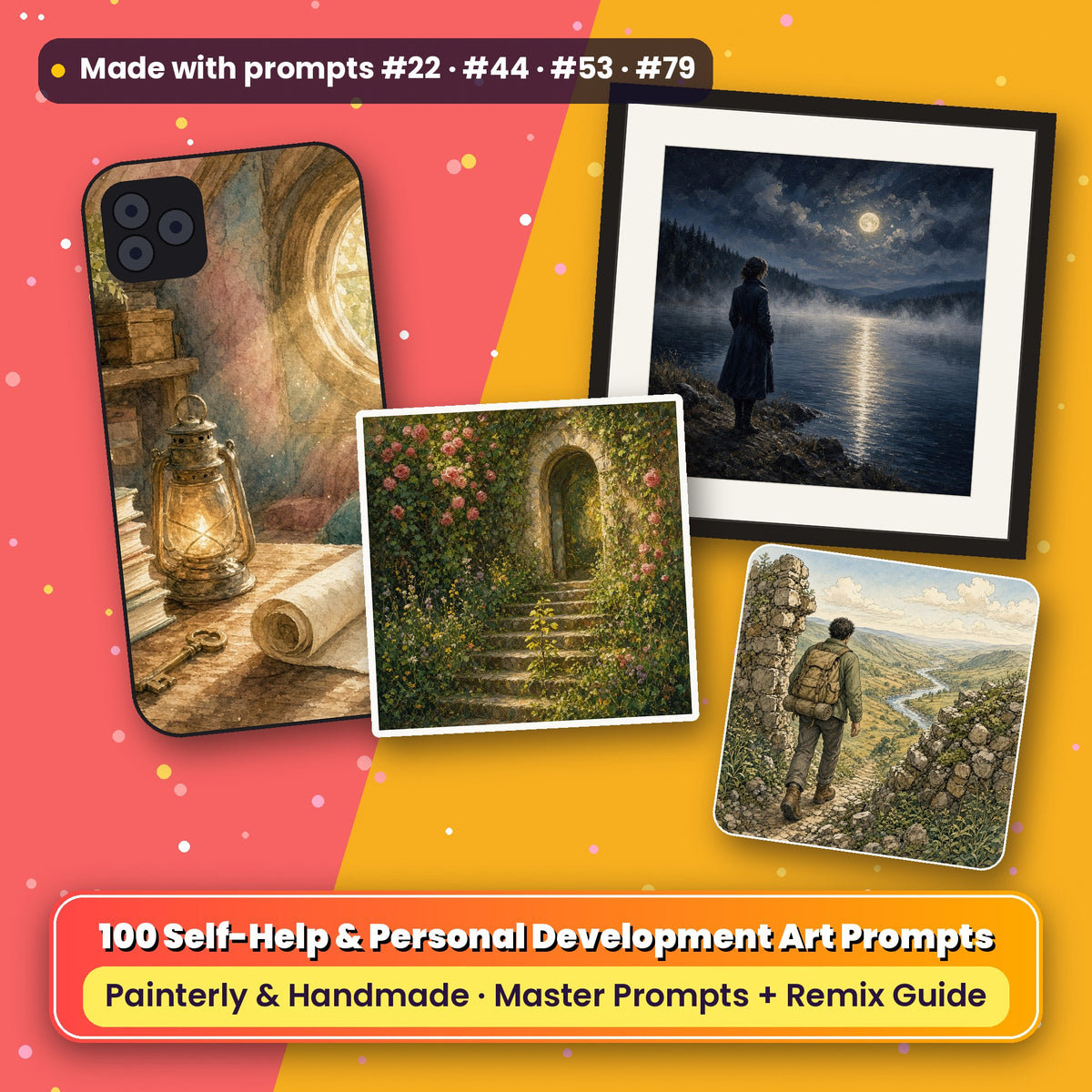 Self-Help and Personal Development, Painterly & Handmade Collection: flat-lay of a phone case, framed print, ceramic tile and coaster printed with artwork made with prompts #22 · #44 · #53 · #79