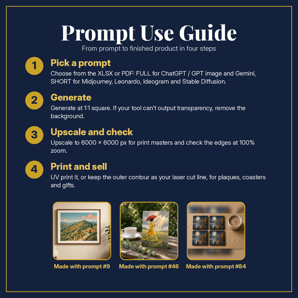 Prompt Use Guide for the Self-Help and Personal Development, Vintage & Whimsical Collection: pick a prompt, generate, upscale and check, print and sell, with sample products made with the pack's prompts