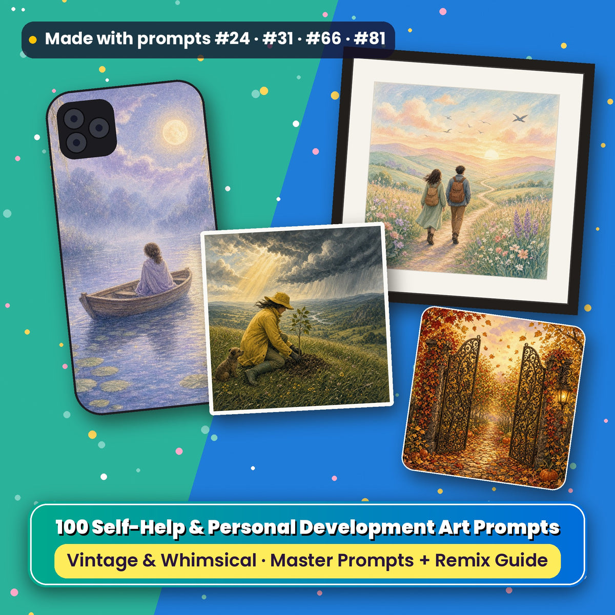 Self-Help and Personal Development, Vintage & Whimsical Collection: flat-lay of a phone case, framed print, ceramic tile and coaster printed with artwork made with prompts #24 · #31 · #66 · #81