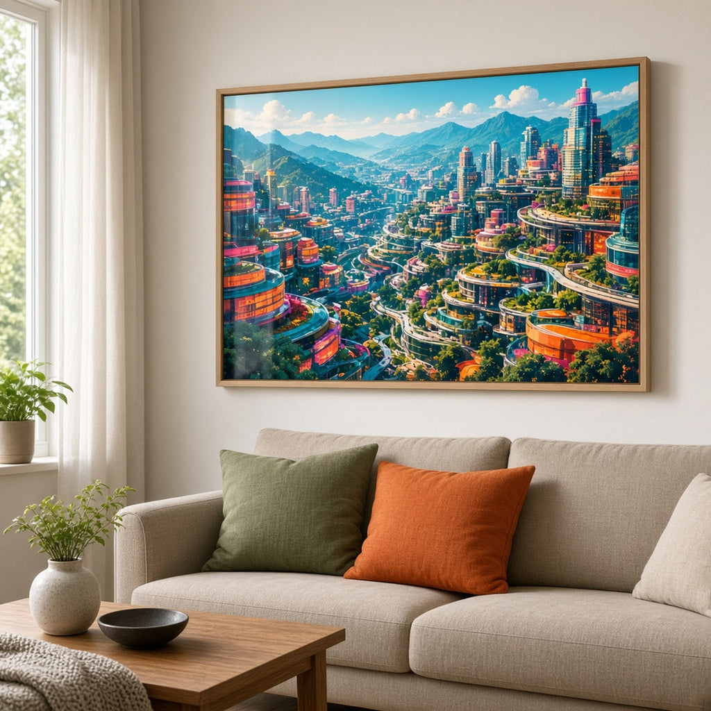 Bold-colour panoramic hillside city of terraced glass offices, winding paths and parks below hazy mountains printed flat on a framed print in a living room, made with prompt #9
