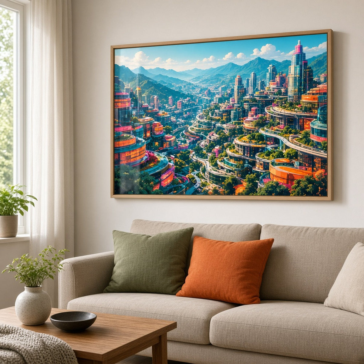 Bold-colour panoramic hillside city of terraced glass offices, winding paths and parks below hazy mountains printed flat on a framed print in a living room, made with prompt #9