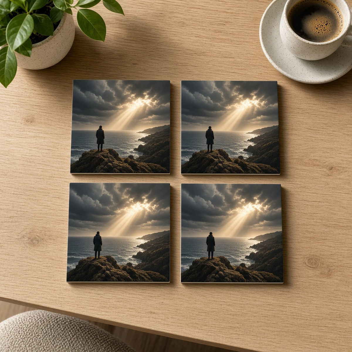 Cinematic lone figure in a long coat on a rocky headland facing an approaching storm with shafts of golden light printed flat on a set of four coasters, made with prompt #46