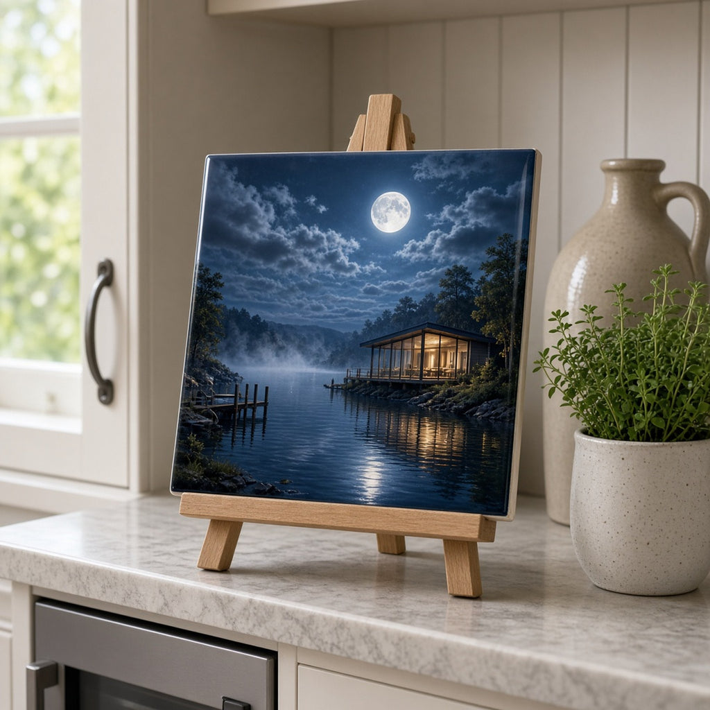 Moonlit misty lake with a glass-walled lakeside studio, jetty and full moon reflection printed flat on a ceramic tile, made with prompt #84