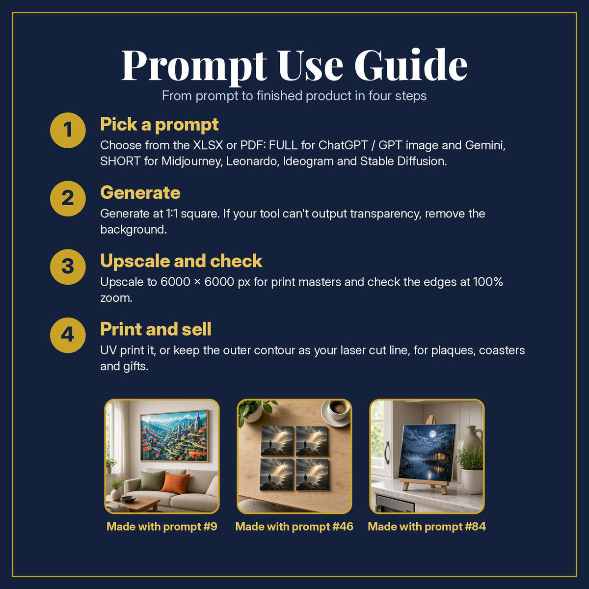 Prompt Use Guide for the Business and Entrepreneurship, Cinematic & Bold Collection: pick a prompt, generate, upscale and check, print and sell, with sample products made with the pack's prompts