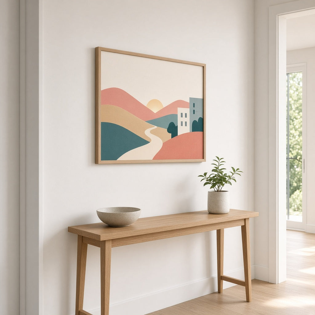Modern minimal layered hills in coral, sand and teal with a winding path to a rising sun printed flat on a framed print in a hallway, made with prompt #9