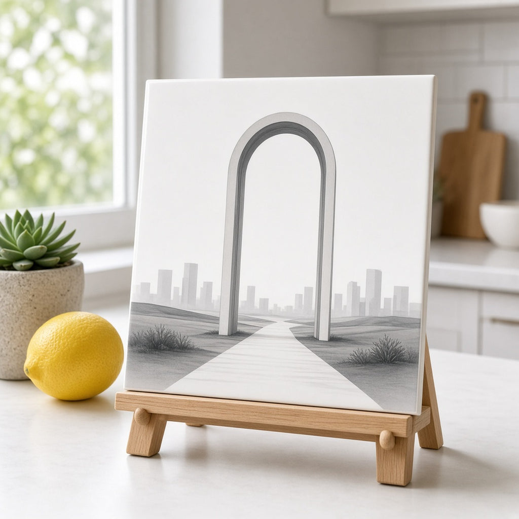 Monochrome minimalist archway gateway with a path leading toward a distant skyline printed flat on a ceramic tile, made with prompt #21