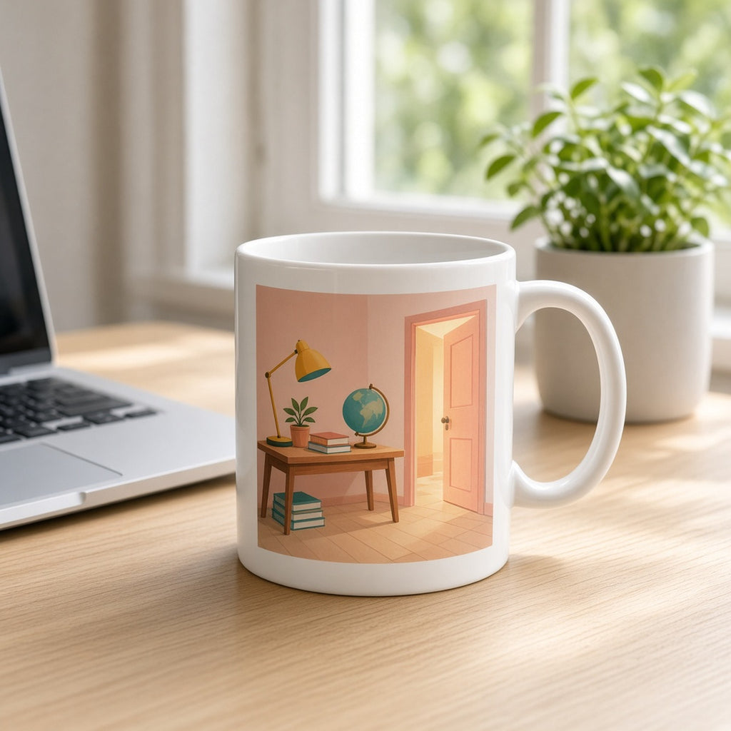 Modern minimal hidden study with a desk lamp, globe, books and a glowing half-open door printed flat on a mug, made with prompt #2