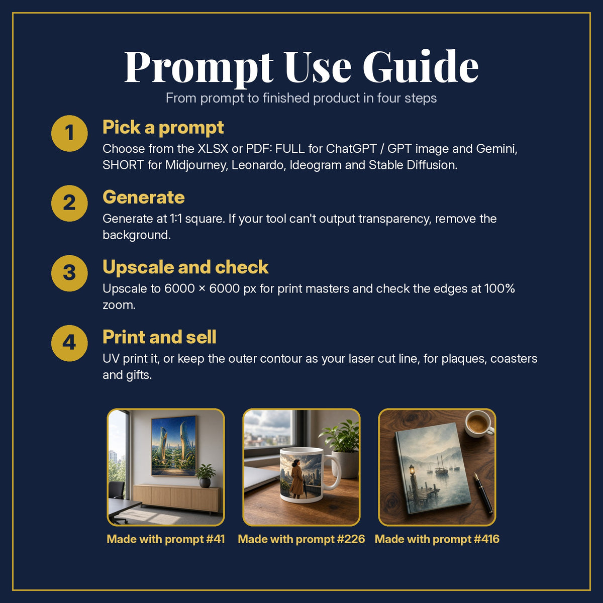 Prompt Use Guide for the Business and Entrepreneurship Complete Library: pick a prompt, generate, upscale and check, print and sell, with sample products made with the pack's prompts
