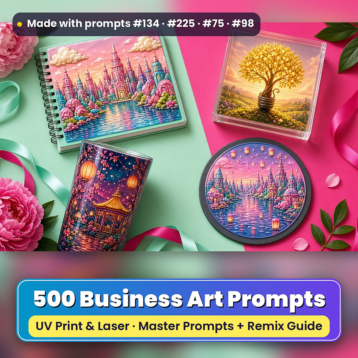 500 Business Art Prompts Library: Made with prompts #134 · #225 · #75 · #98 – realistic UV-printed mockup