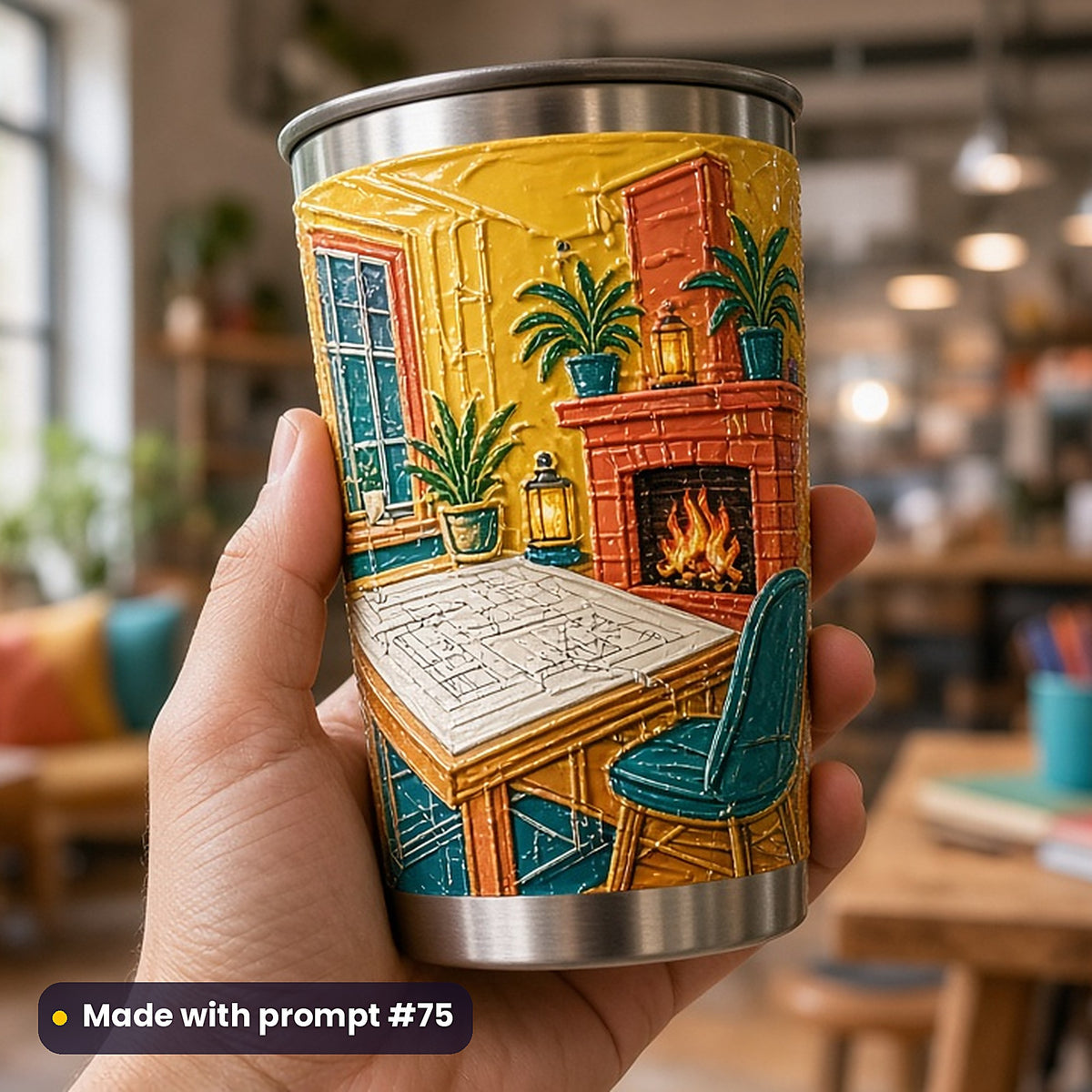 500 Business Art Prompts Library: Made with prompt #75 – realistic UV-printed mockup (Vintage Retro — Fire and Light)