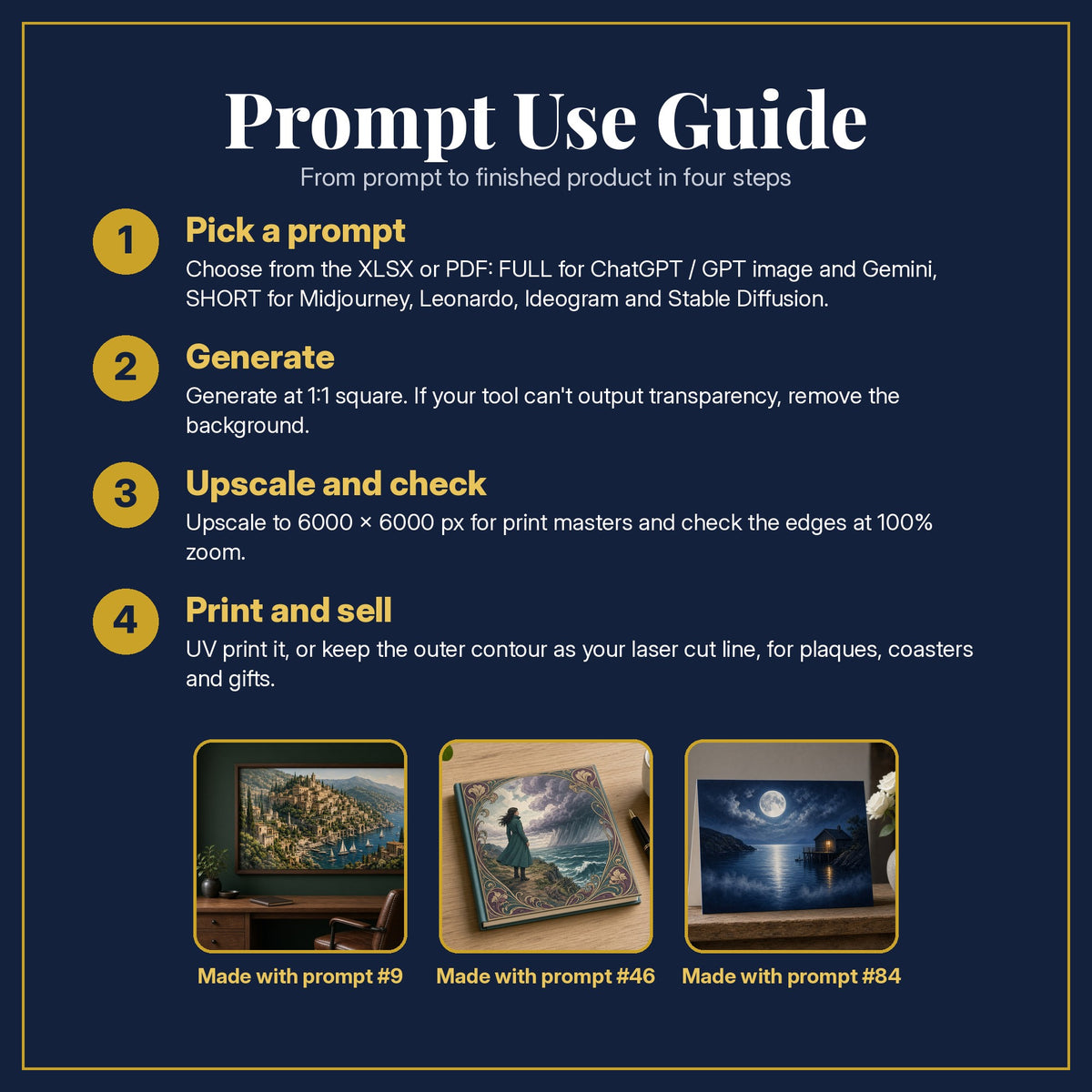 Prompt Use Guide for the Business and Entrepreneurship, Luxury & Decorative Collection: pick a prompt, generate, upscale and check, print and sell, with sample products made with the pack's prompts