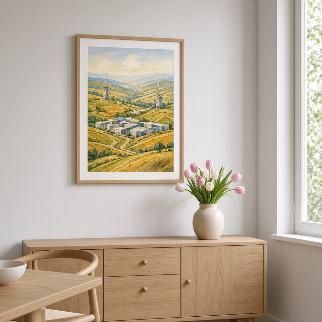 Hand-painted panoramic valley of terraced fields, winding paths, small workshops and windmills printed flat on a framed print in a dining room, made with prompt #9