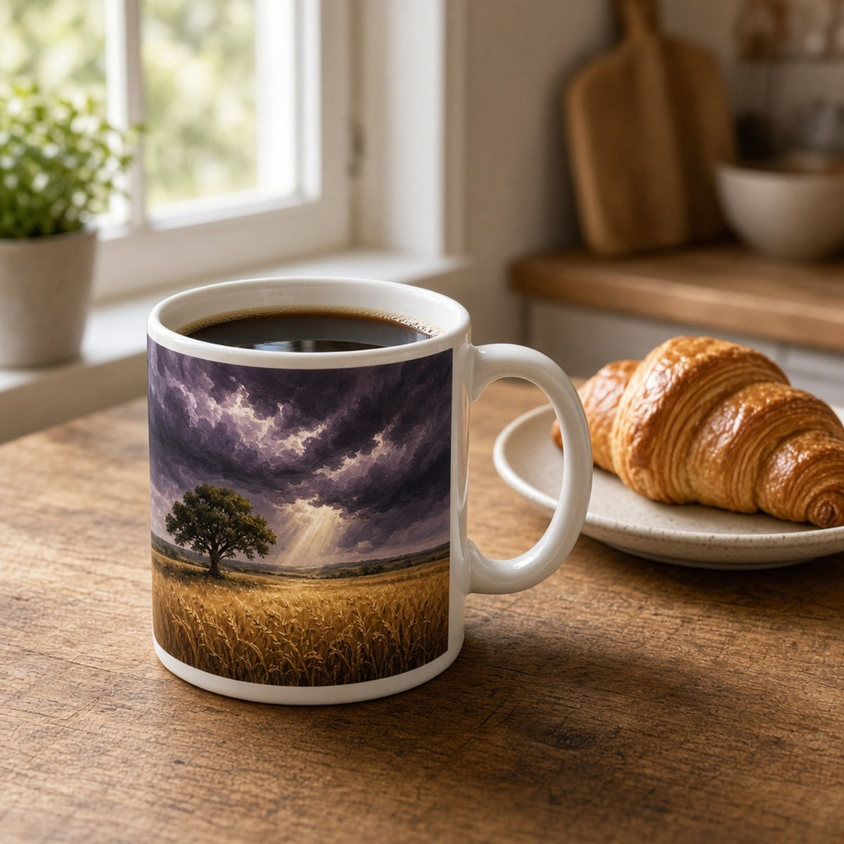 Oil-painting storm rolling over golden wheat fields with a lone sunlit oak tree printed flat on a mug, made with prompt #46