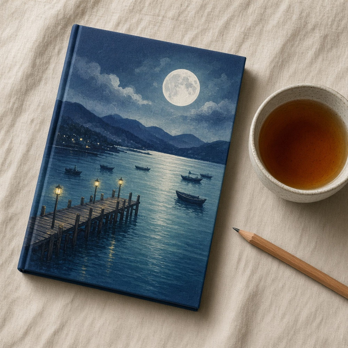 Moonlit harbour with lantern-lit wooden pier, small boats and a full moon over misty water printed flat on a notebook cover, made with prompt #84