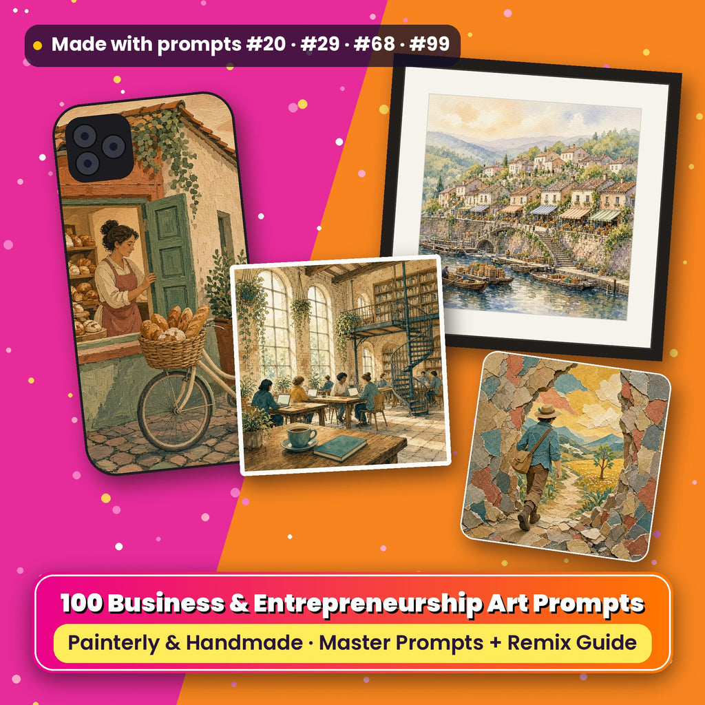 Business and Entrepreneurship, Painterly & Handmade Collection: flat-lay of a phone case, framed print, ceramic tile and coaster printed with artwork made with prompts #20 · #29 · #68 · #99