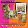 Business and Entrepreneurship, Painterly & Handmade Collection: flat-lay of a phone case, framed print, ceramic tile and coaster printed with artwork made with prompts #20 · #29 · #68 · #99