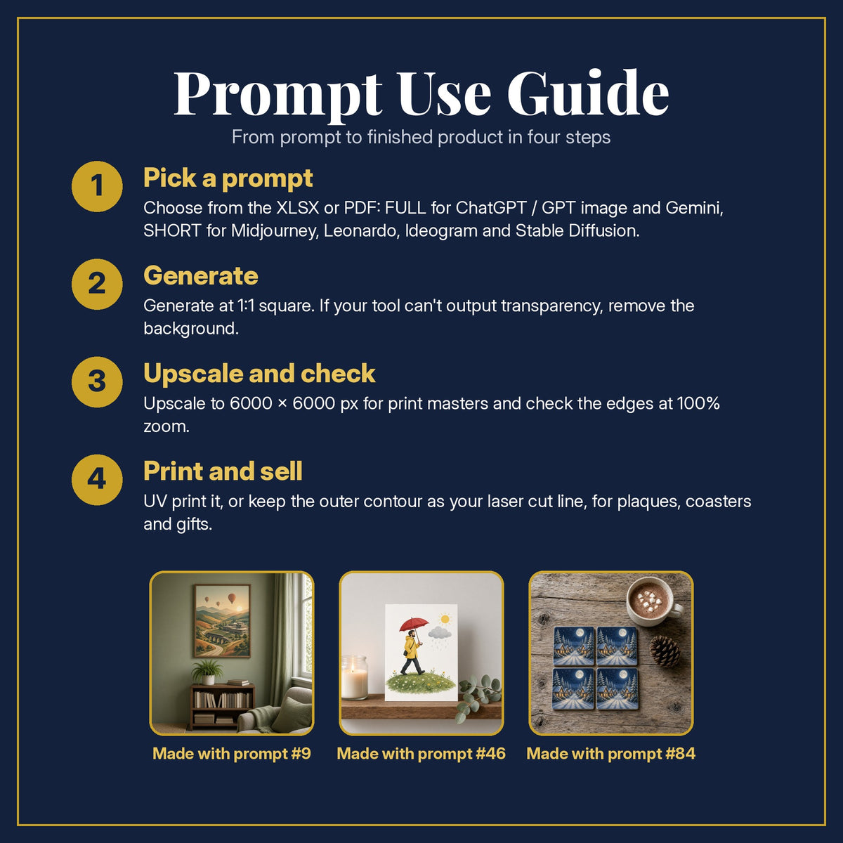 Prompt Use Guide for the Business and Entrepreneurship, Vintage & Whimsical Collection: pick a prompt, generate, upscale and check, print and sell, with sample products made with the pack's prompts
