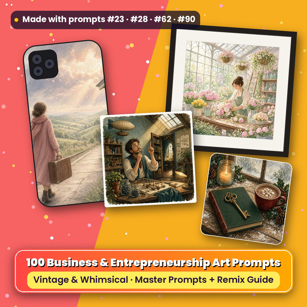 Business and Entrepreneurship, Vintage & Whimsical Collection: flat-lay of a phone case, framed print, ceramic tile and coaster printed with artwork made with prompts #23 · #28 · #62 · #90