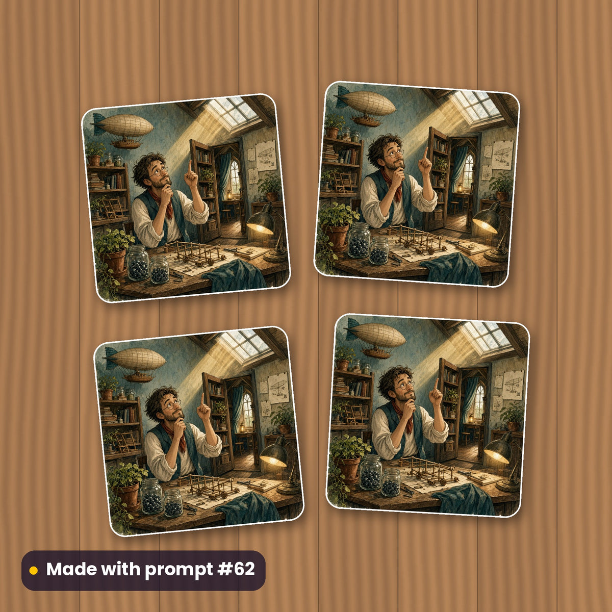 Business and Entrepreneurship, Vintage & Whimsical Collection: flat mockup of a set of four coasters, artwork made with prompt #62