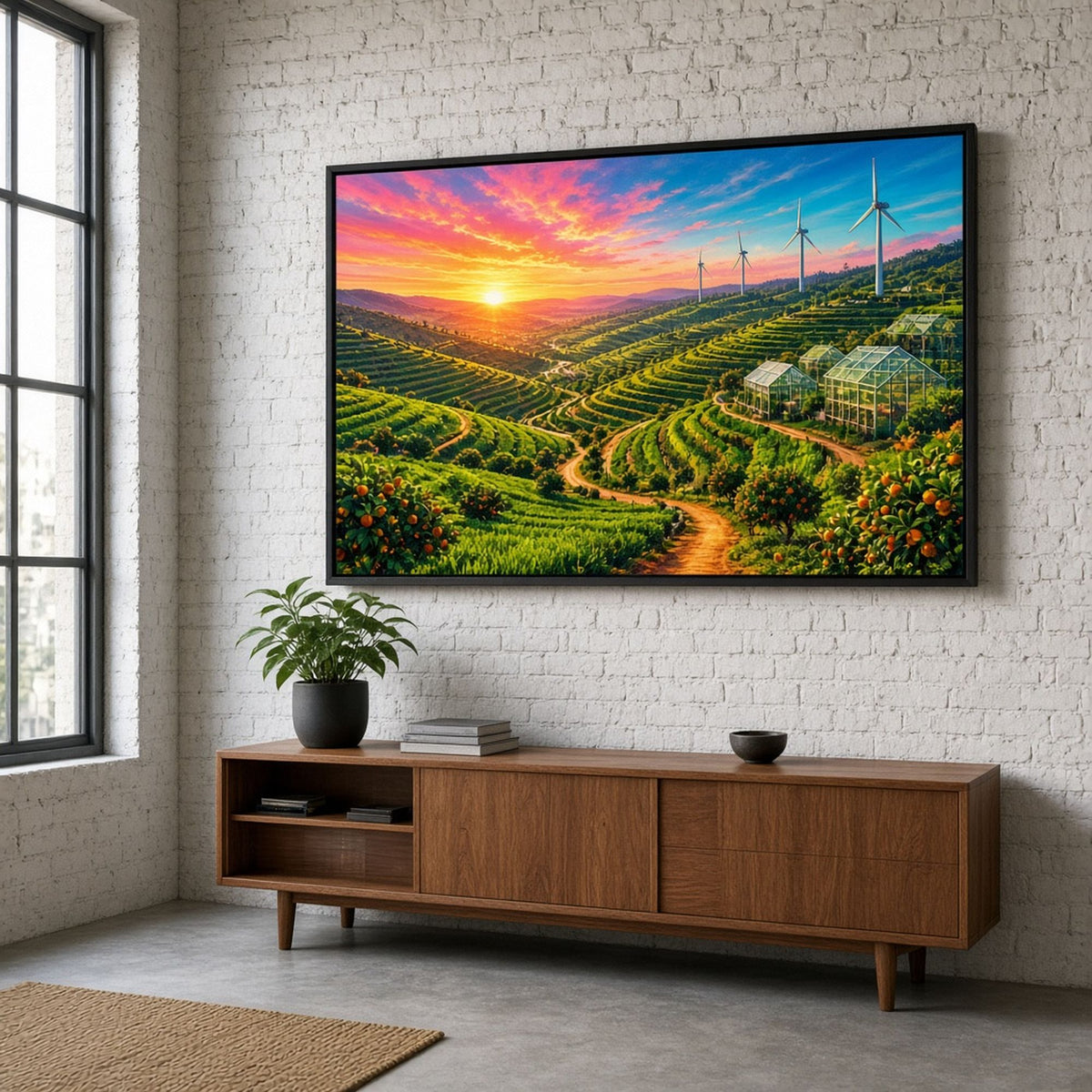 Bold-colour panoramic valley of green terraces, orange groves, greenhouses and wind turbines under a vivid sunrise printed flat on a framed print in a loft, made with prompt #9