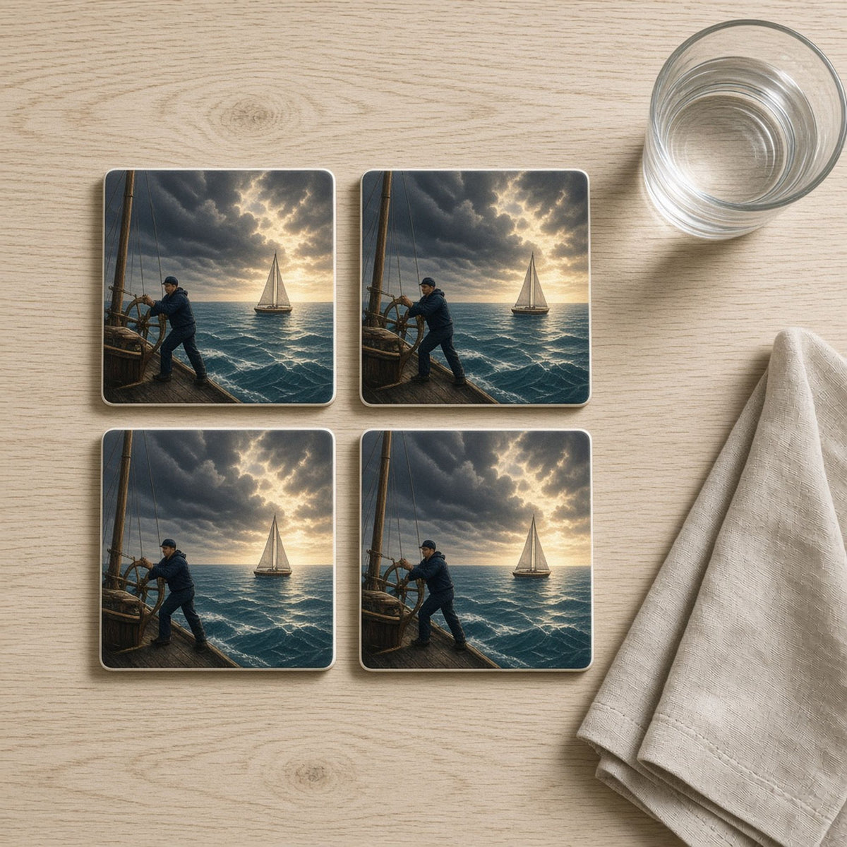 Cinematic sailor at the wheel holding course as a storm front rolls over a teal sea printed flat on a set of four coasters, made with prompt #46