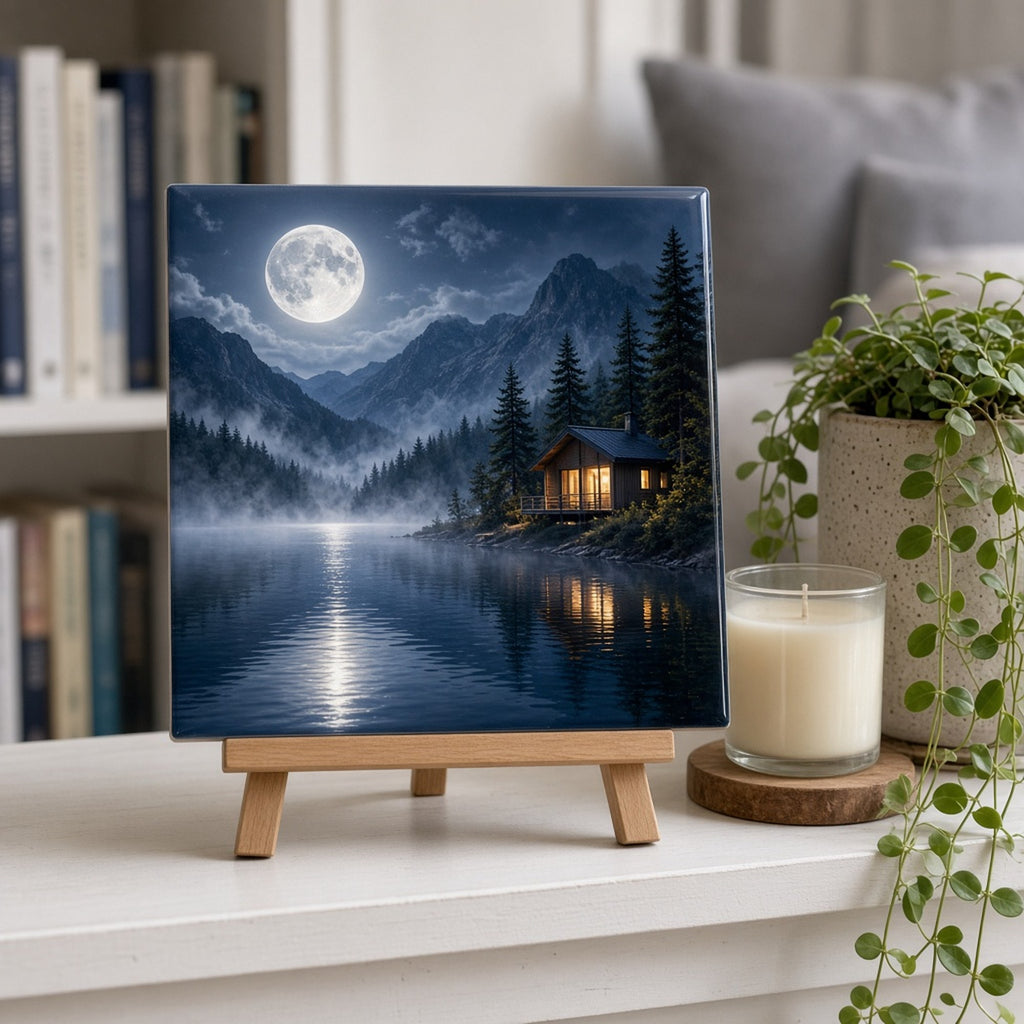 Moonlit mountain lake with a glowing timber cabin and silver mist on the water printed flat on a ceramic tile, made with prompt #84