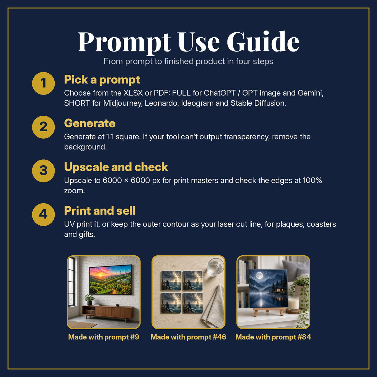Prompt Use Guide for the Money and Finance, Cinematic & Bold Collection: pick a prompt, generate, upscale and check, print and sell, with sample products made with the pack's prompts