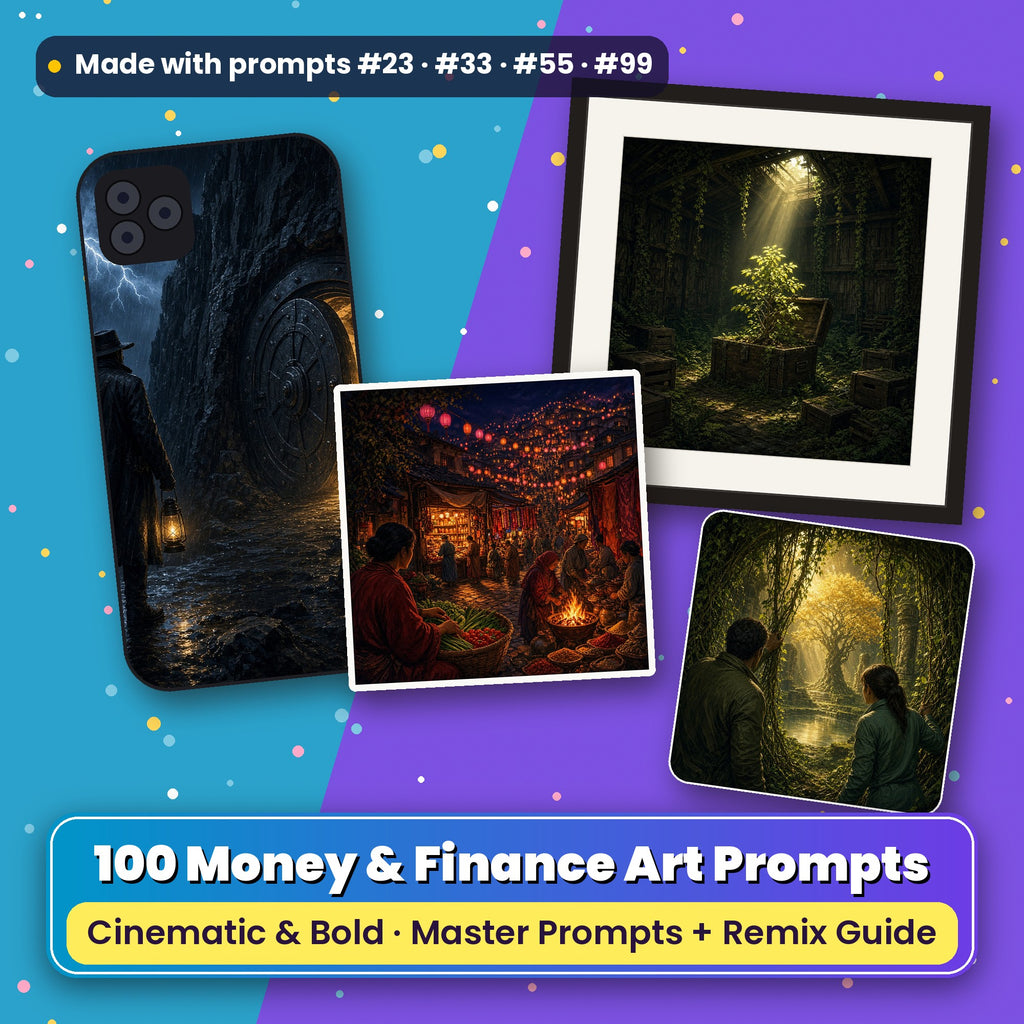 Money and Finance, Cinematic & Bold Collection: flat-lay of a phone case, framed print, ceramic tile and coaster printed with artwork made with prompts #23 · #33 · #55 · #99