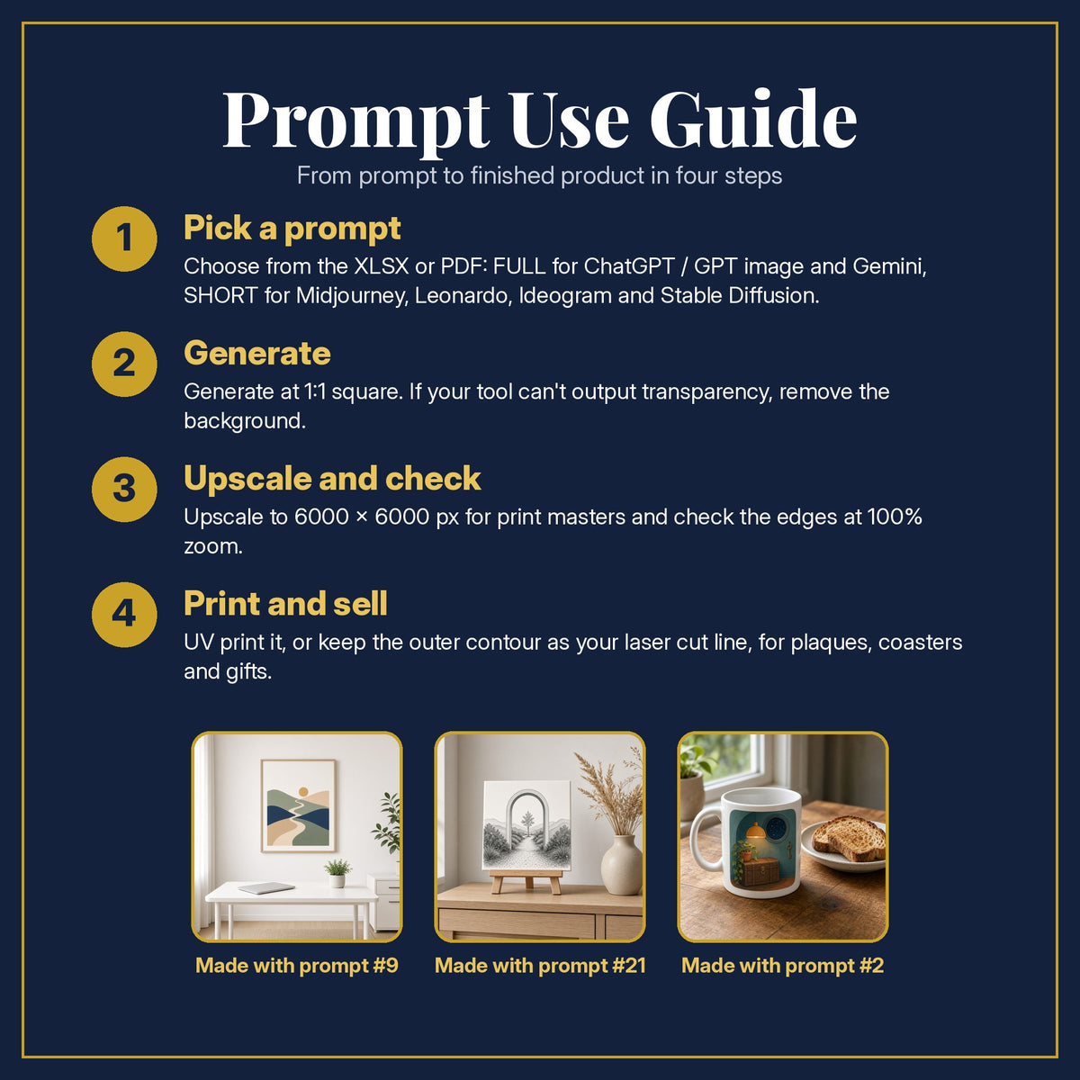 Prompt Use Guide for the Money and Finance, Clean & Graphic Collection: pick a prompt, generate, upscale and check, print and sell, with sample products made with the pack's prompts