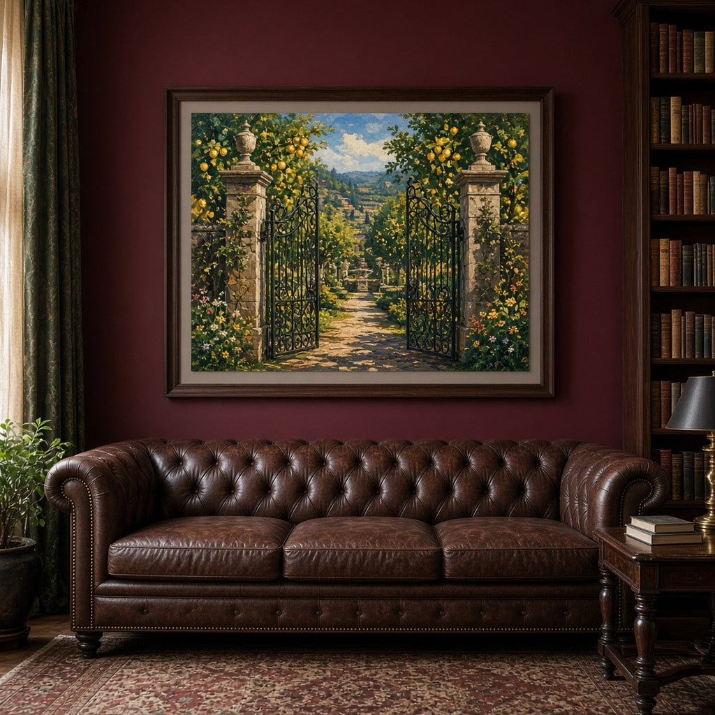 Jewel-toned garden gateway of open wrought-iron gates between stone pillars leading to a golden orchard printed flat on a framed print in a library study, made with prompt #41