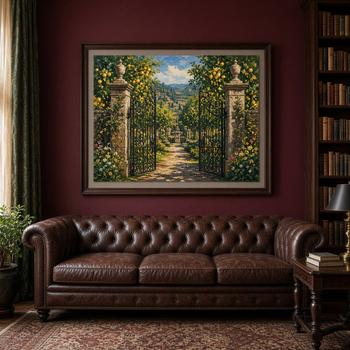 Jewel-toned garden gateway of open wrought-iron gates between stone pillars leading to a golden orchard printed flat on a framed print in a library study, made with prompt #41
