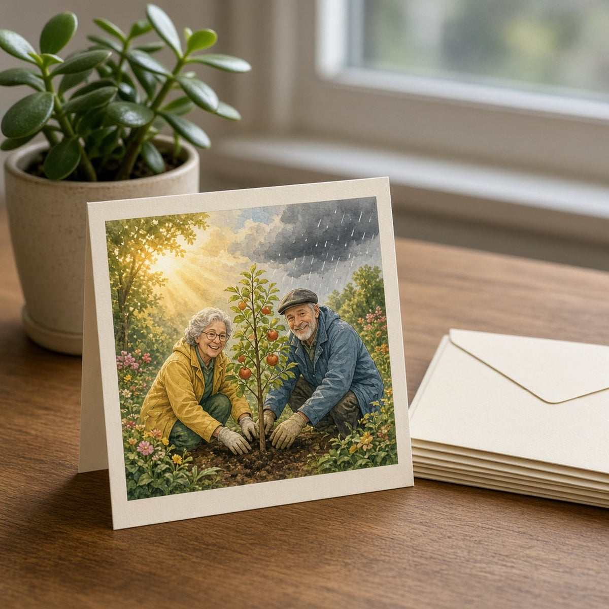 Illustrated older couple in raincoats planting an apple tree as a storm approaches printed flat on a greeting card, made with prompt #226